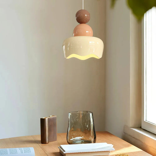 Nordic Cream Glass Pendant Light– Stylish Hanging Lamp for Kids Room and Bedroom, LED E27 Compatible in dining room.