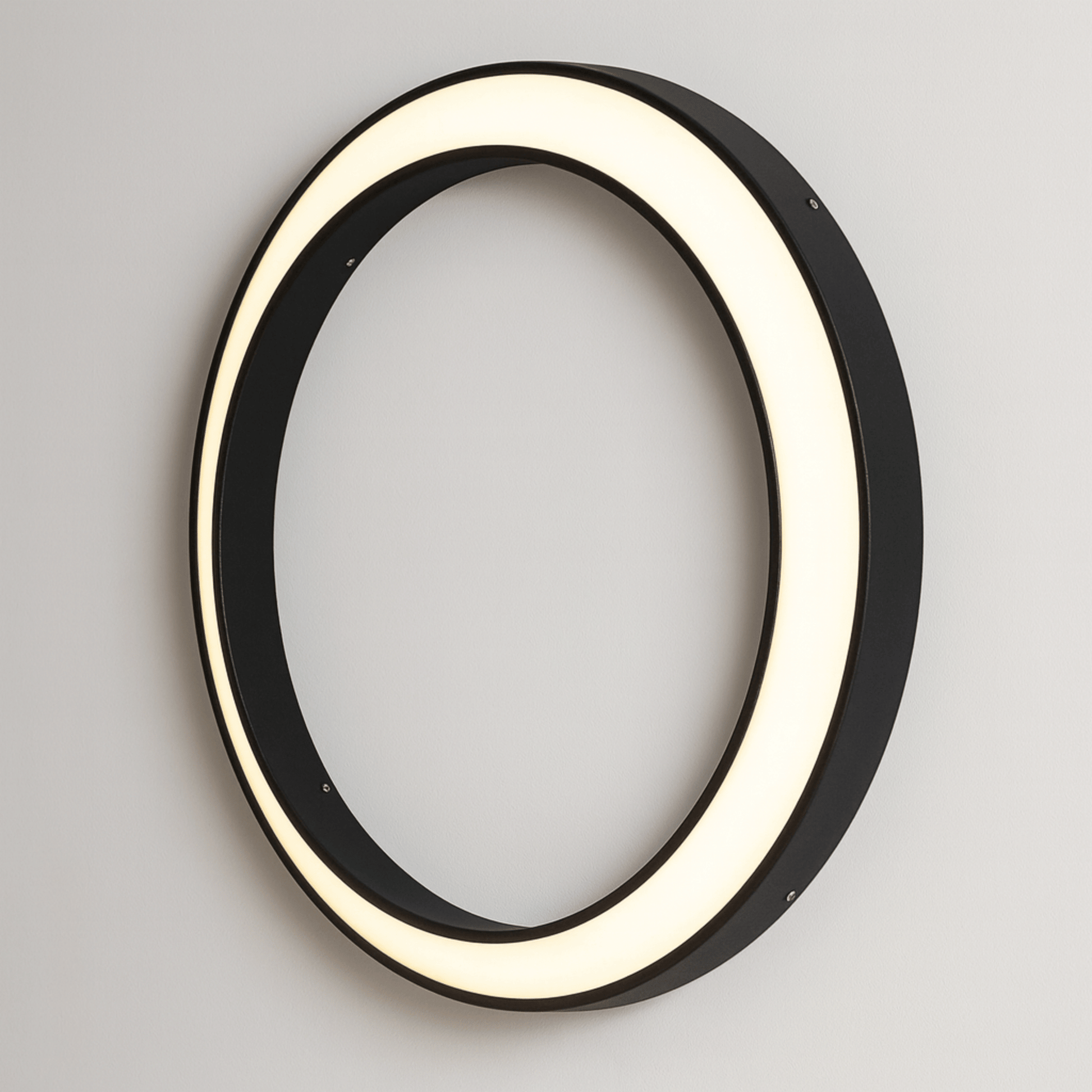 Circular wall light fixture with black frame and white interior on a gray background