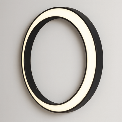 Circular wall light fixture with black frame and white interior on a gray background