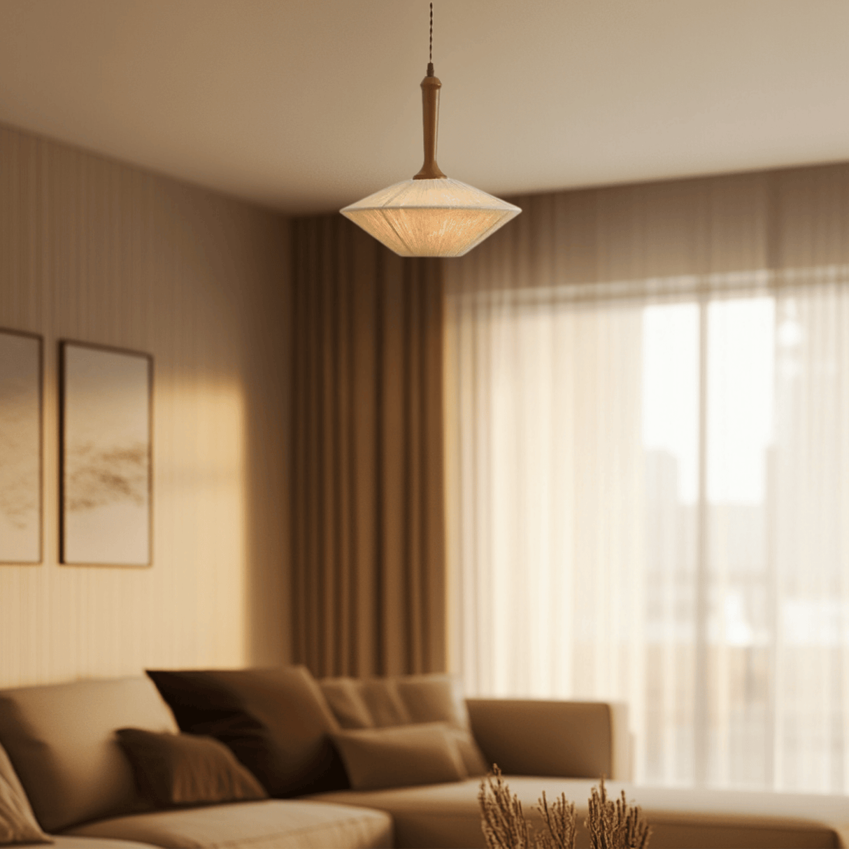 Modern living room with a pendant light fixture, sofa, and large window.