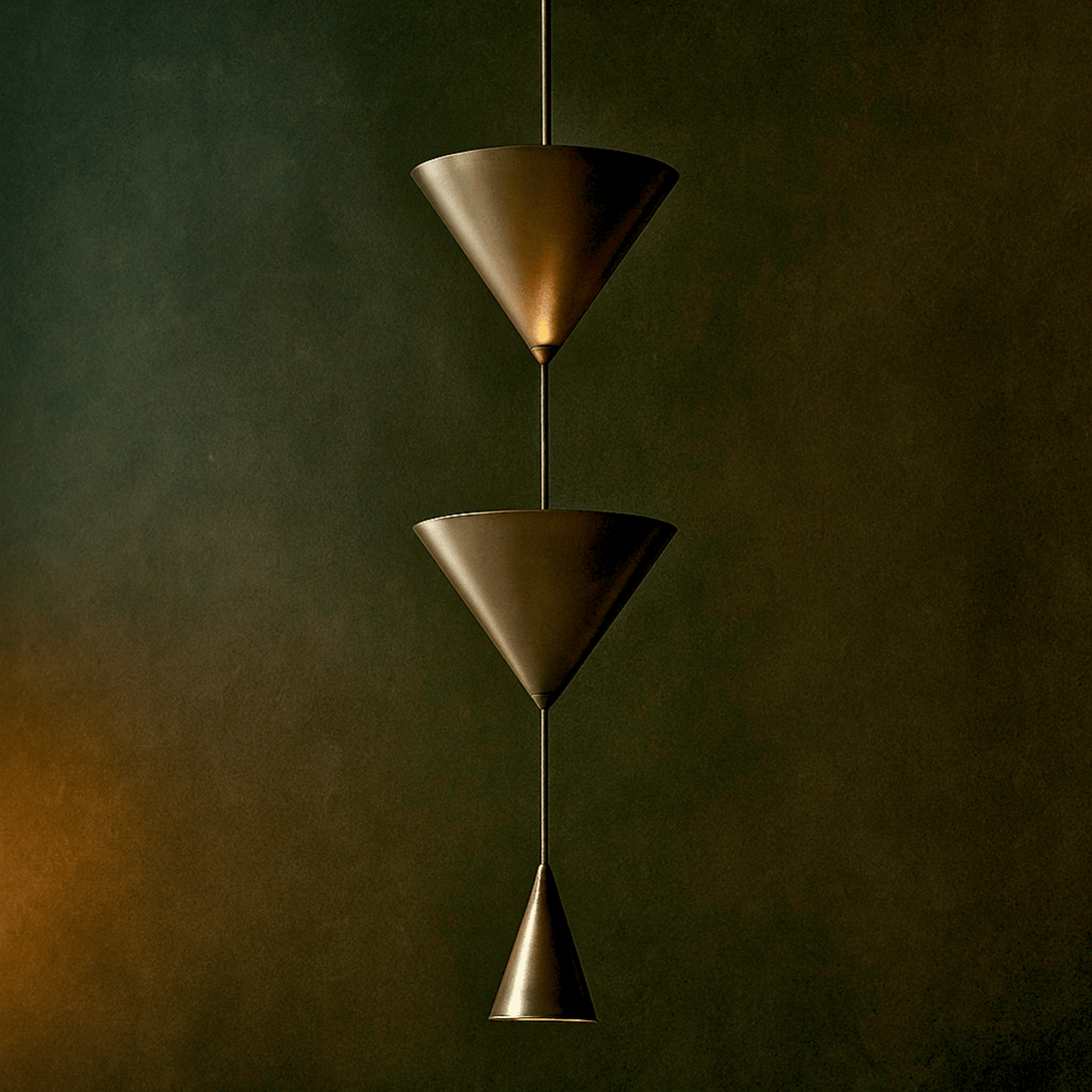 Bronze pendant light with three conical shades against a dark background