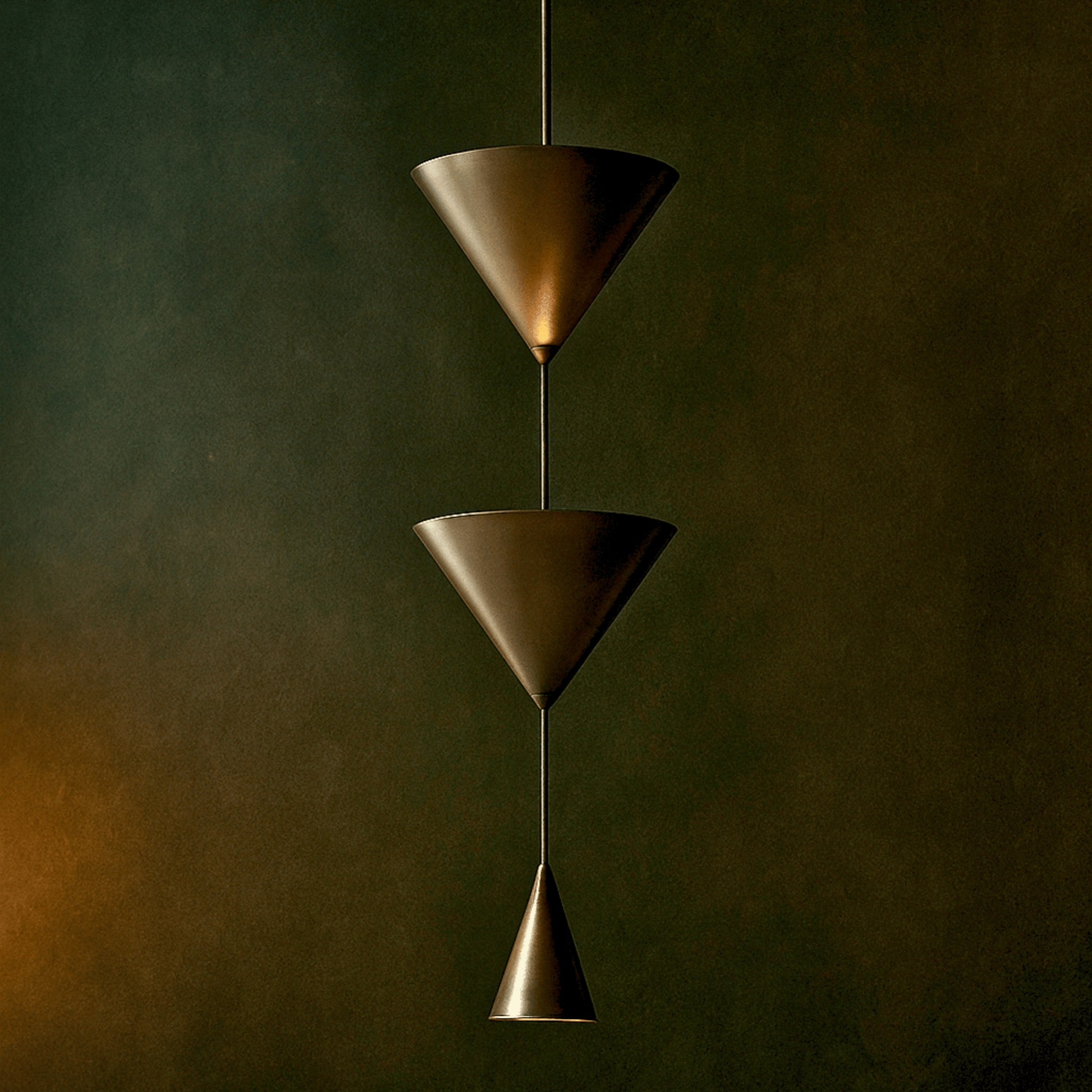Bronze pendant light with three conical shades against a dark background