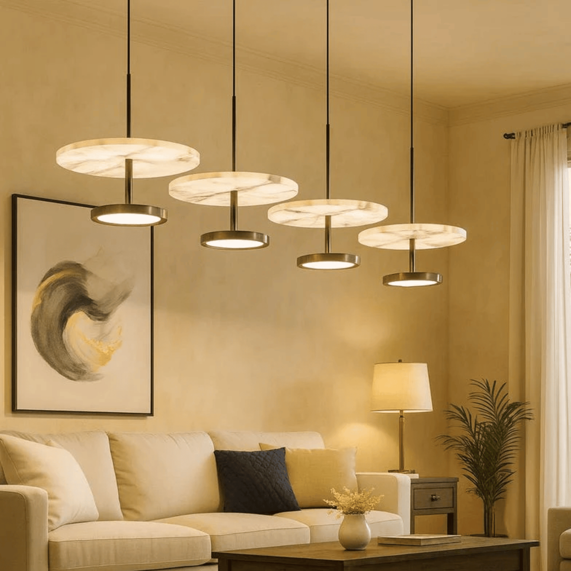 Modern living room with pendant lights, sofa, and decor elements.