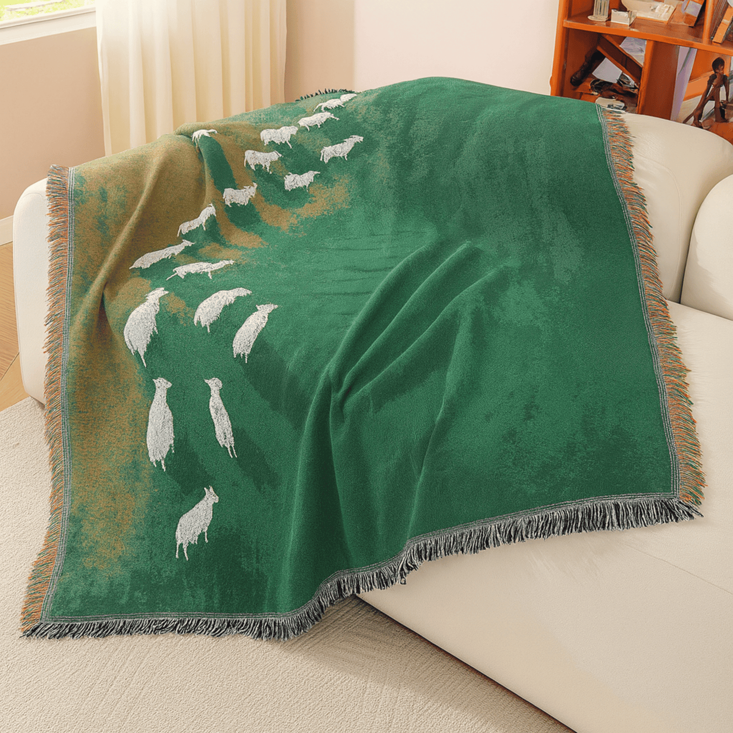Green blanket with white animal pattern draped over a couch in a living room.