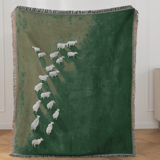 Green blanket with white sheep pattern on a wooden floor.