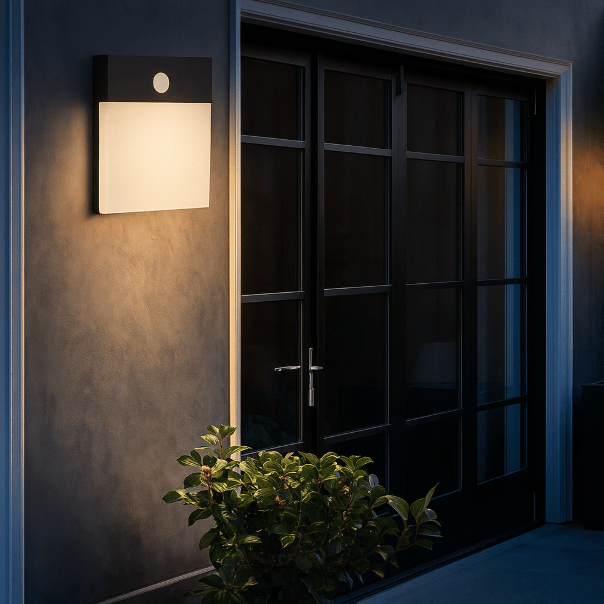 Wall-mounted light fixture on a dark wall next to a door with a plant in the foreground.