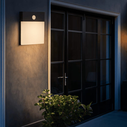 Wall-mounted light fixture on a dark wall next to a door with a plant in the foreground.