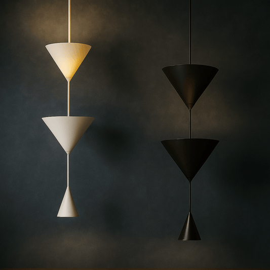 Two geometric pendant lights, one white and one black, against a dark background.