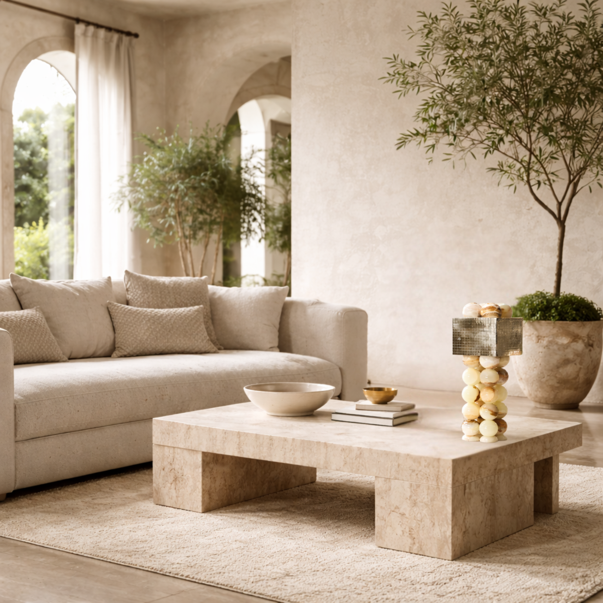 Modern living room with beige sofa, stone coffee table, and decorative elements.