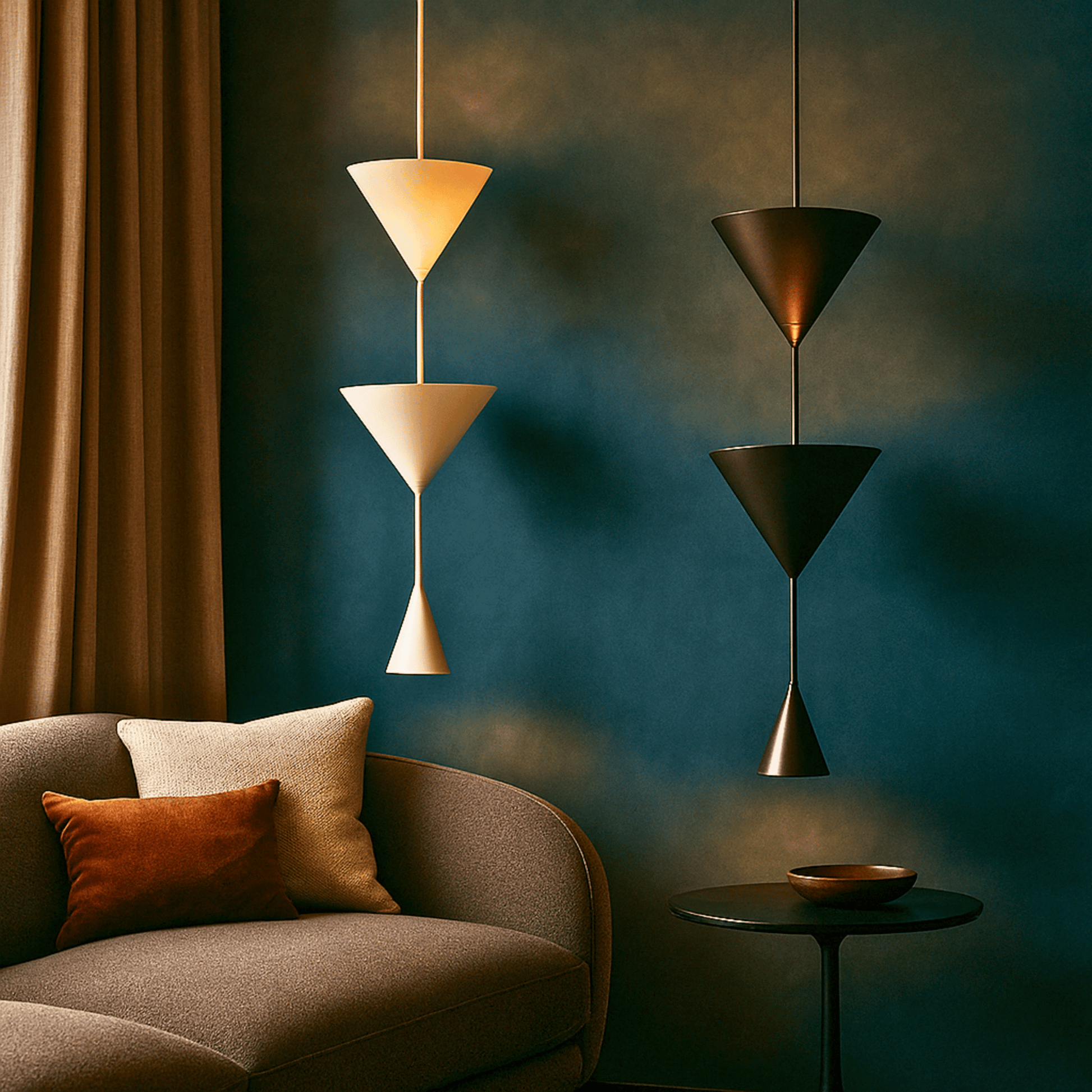 Modern living room with geometric pendant lights and a brown sofa.