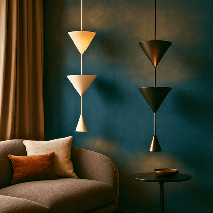 Modern living room with geometric pendant lights and a brown sofa.