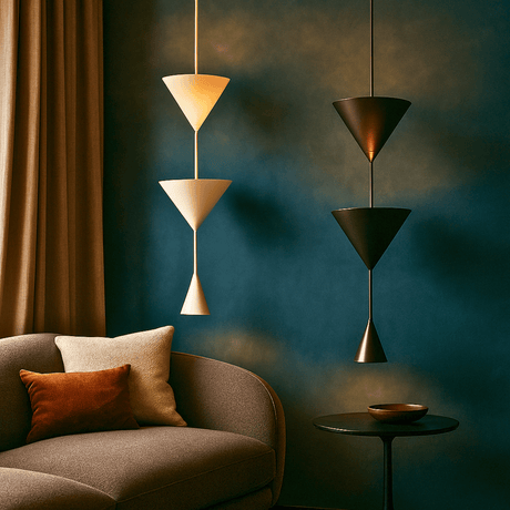 Modern living room with geometric pendant lights and a brown sofa.