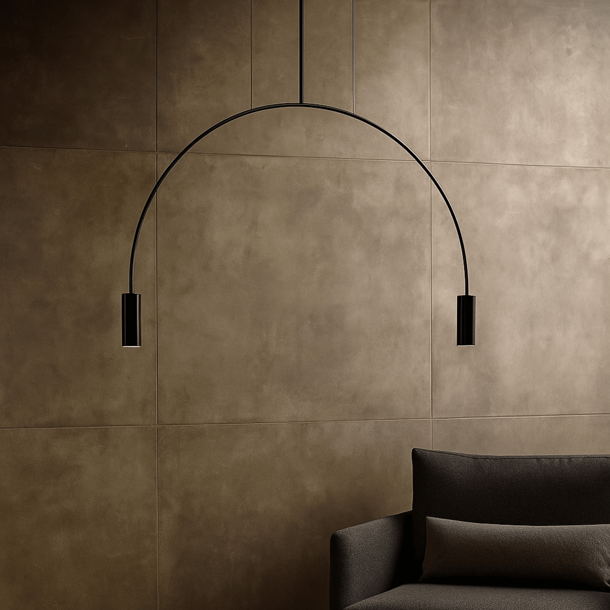 Modern black pendant light against a brown tiled wall with a dark sofa.
