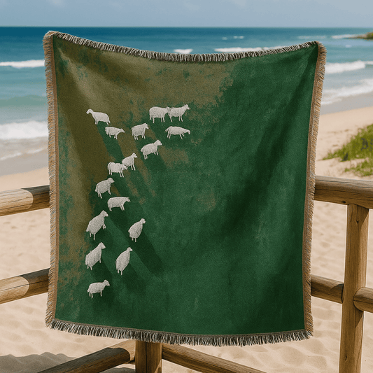 Green blanket with white sheep pattern draped over a wooden chair on a beach.