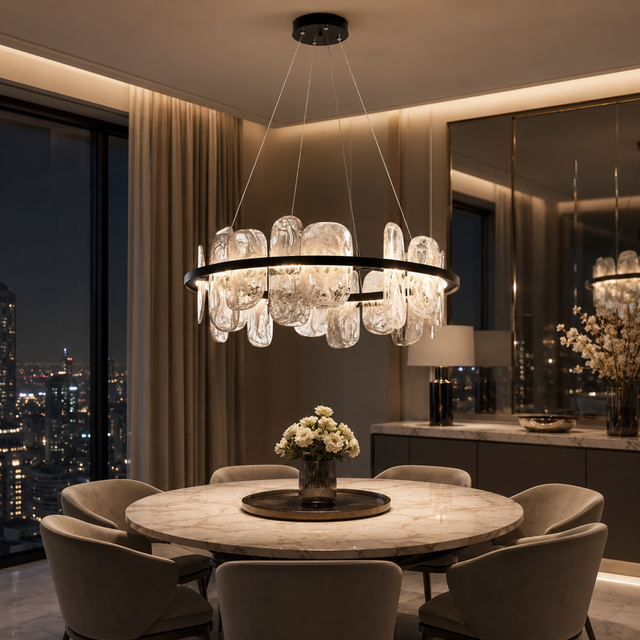 Modern dining room with a large chandelier, round table, and chairs.