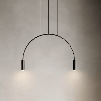 Modern pendant light with a curved design on a neutral background