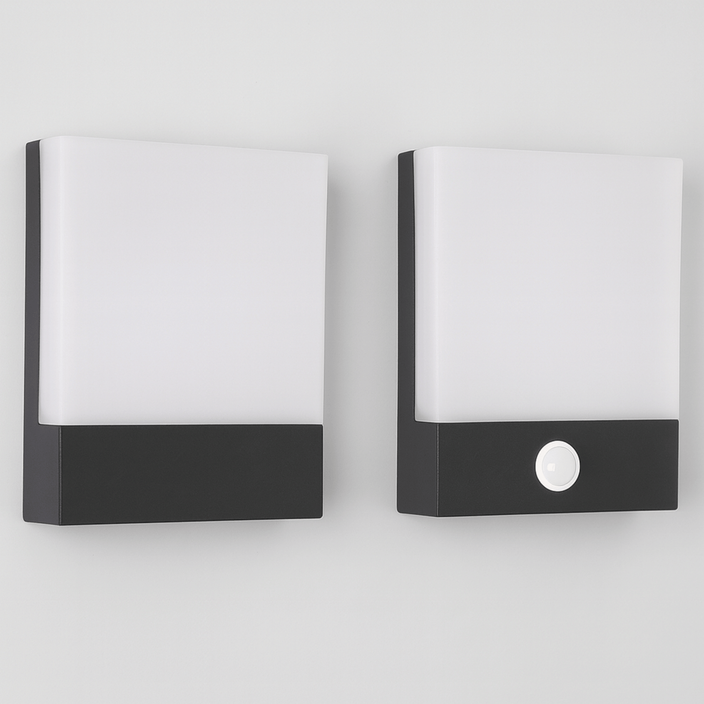 Two modern wall lights with black and white design on a light gray background