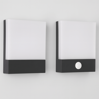 Two modern wall lights with black and white design on a light gray background
