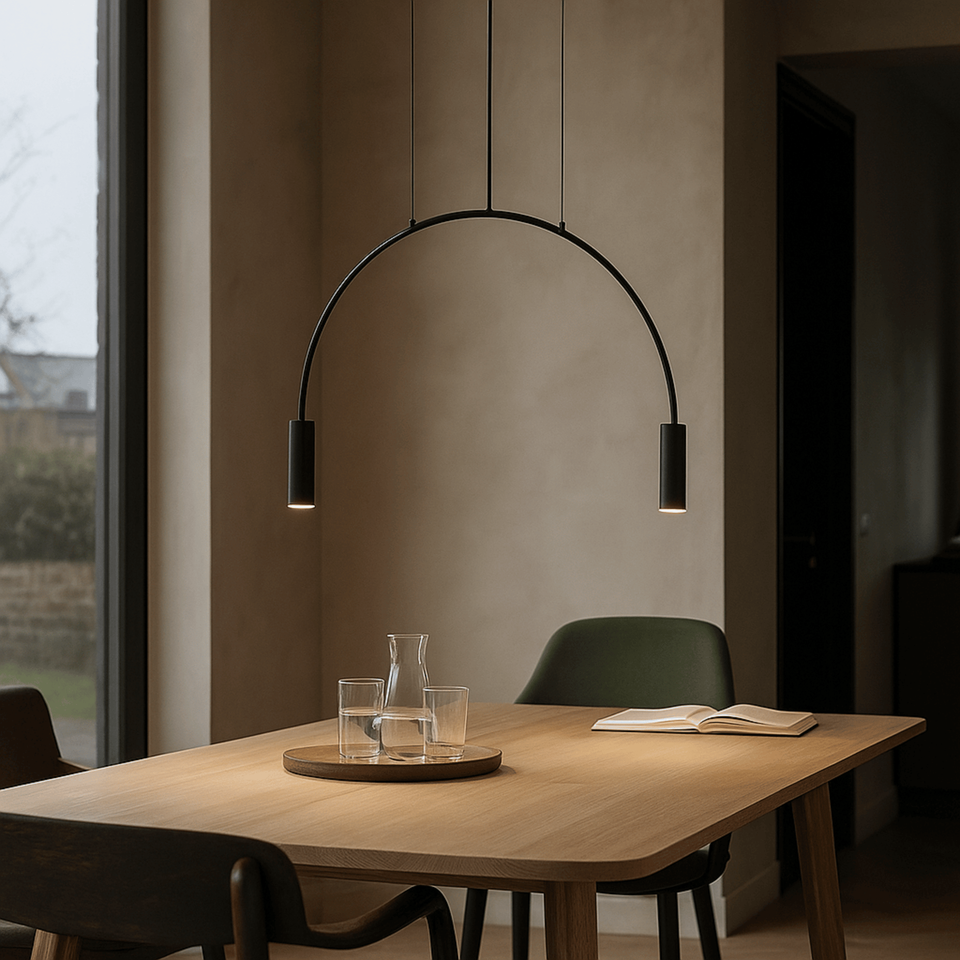 Modern dining room with a wooden table, chairs, and a hanging black arch light.
