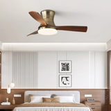 Ceiling fan in a bedroom with a bed and wall art
