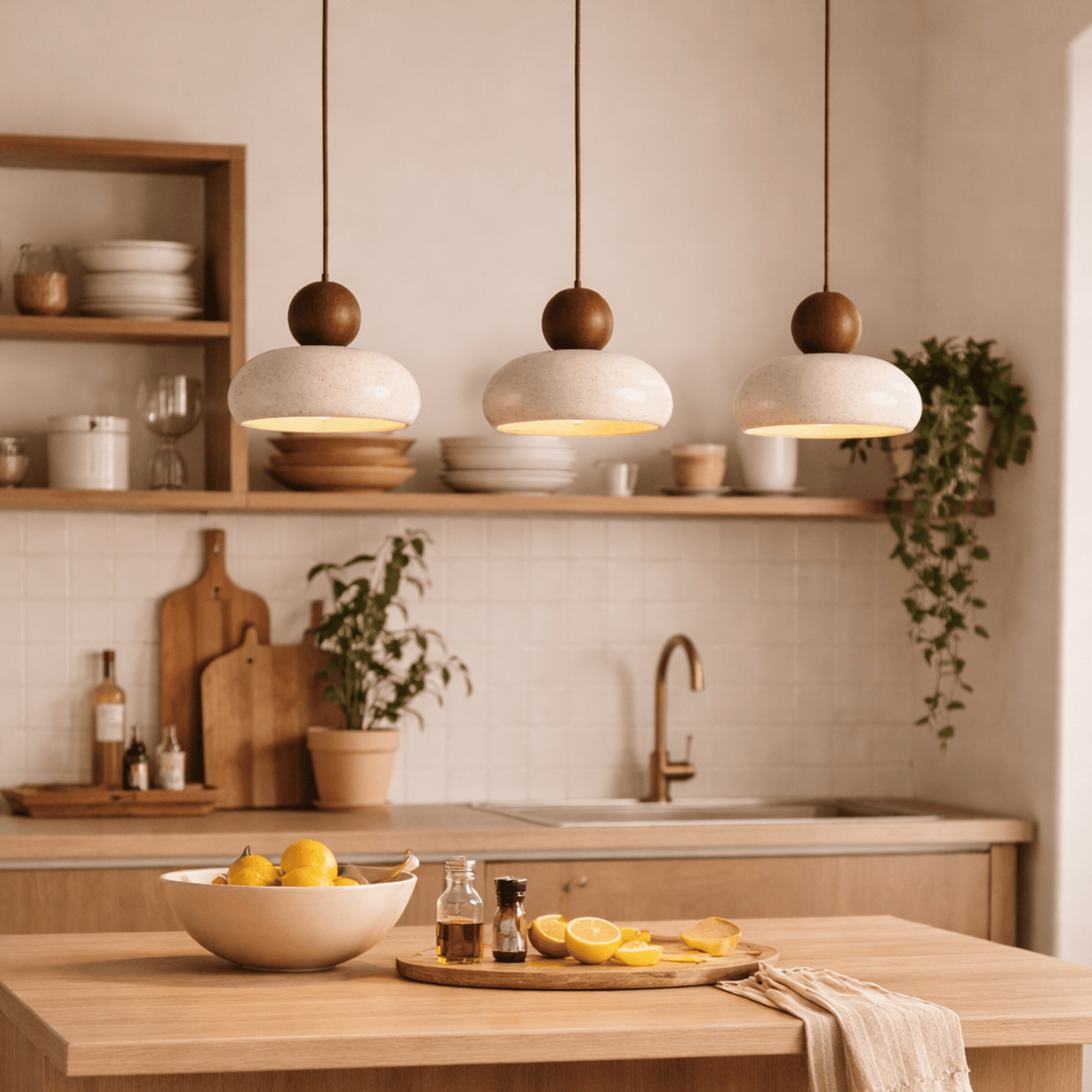 Modern kitchen with pendant lights, wooden shelves, and a countertop with lemons and a bottle.