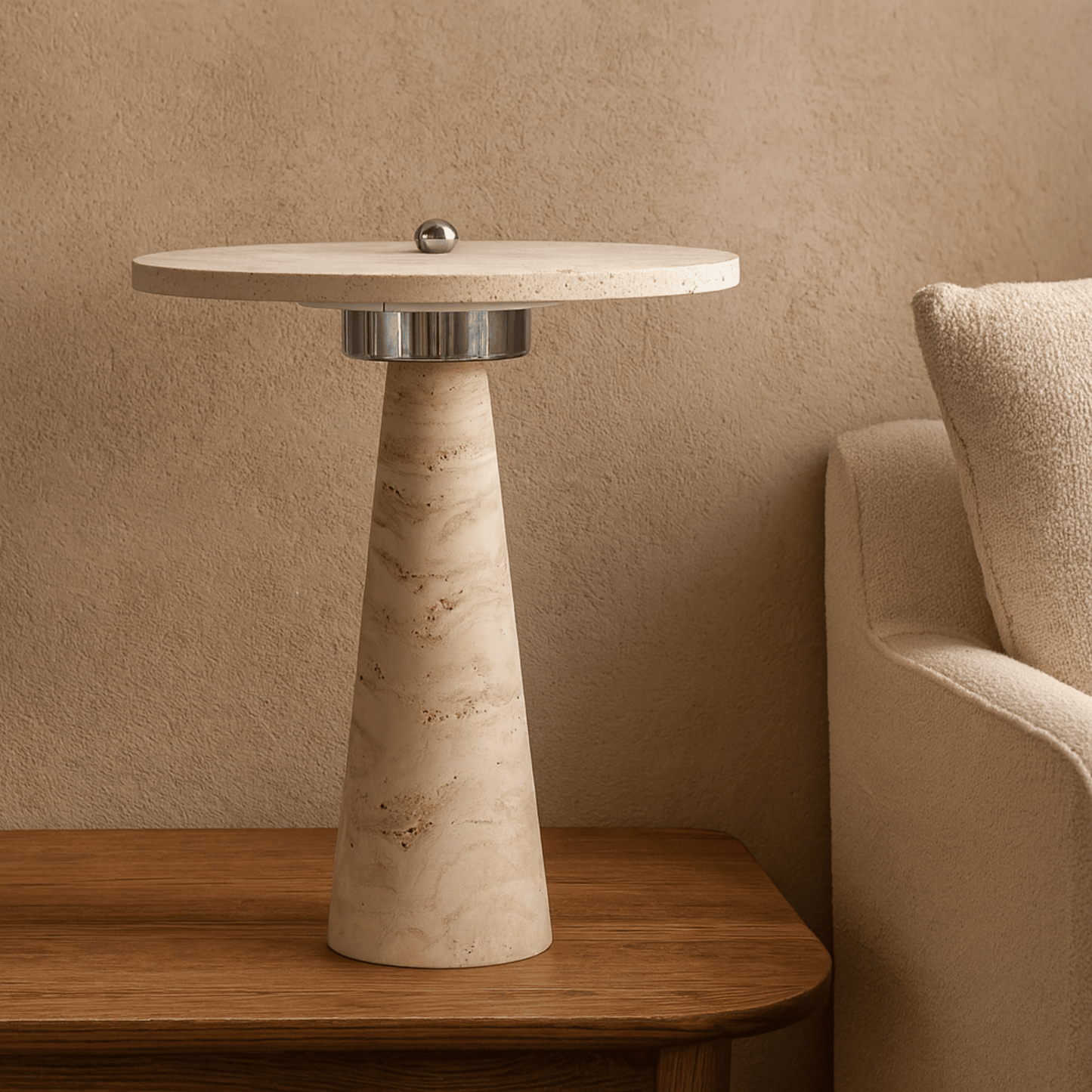Beige side table with marble-like finish next to a beige armchair against a beige wall.