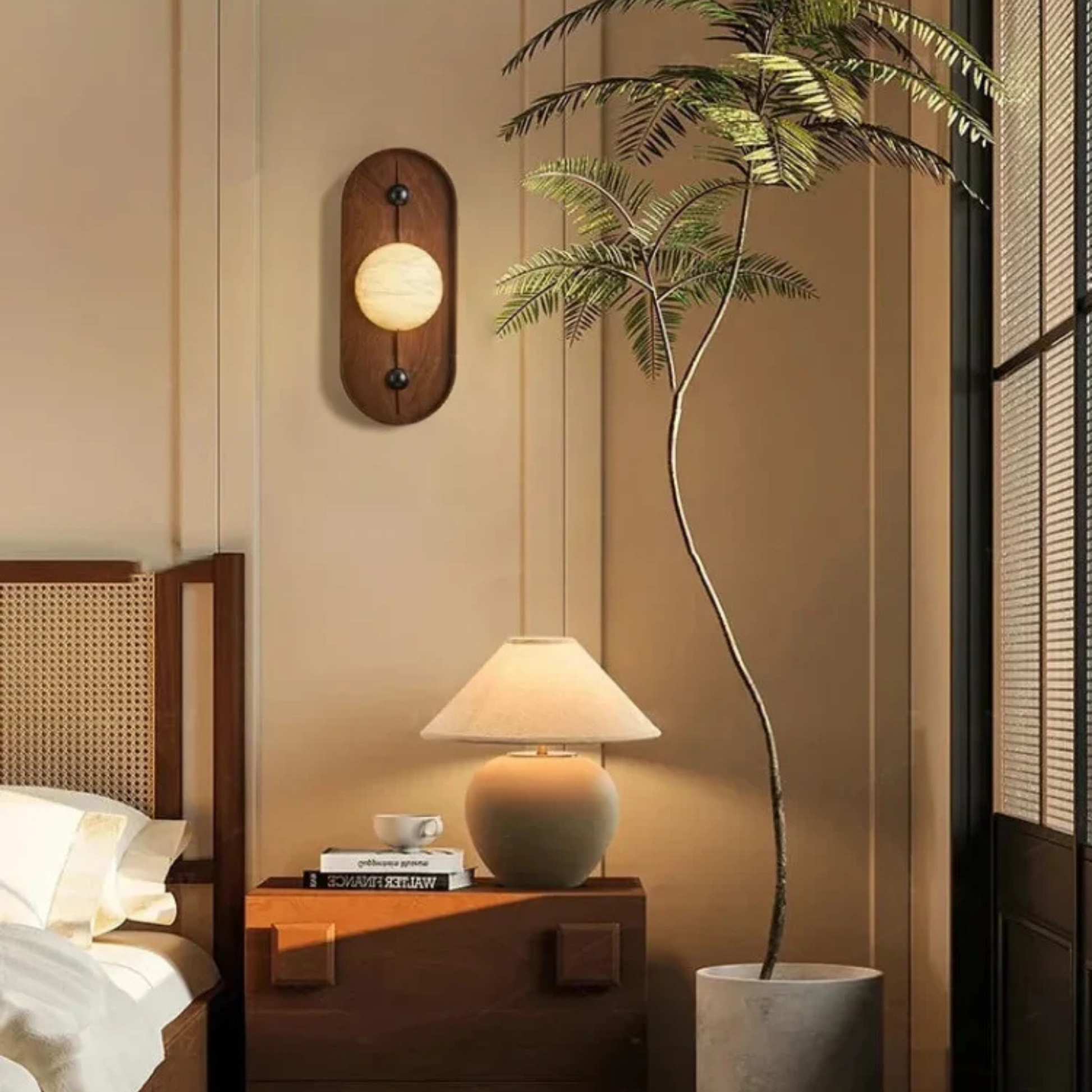 Warm-lit marble globe wall lamp installed beside a modern bed and side table.