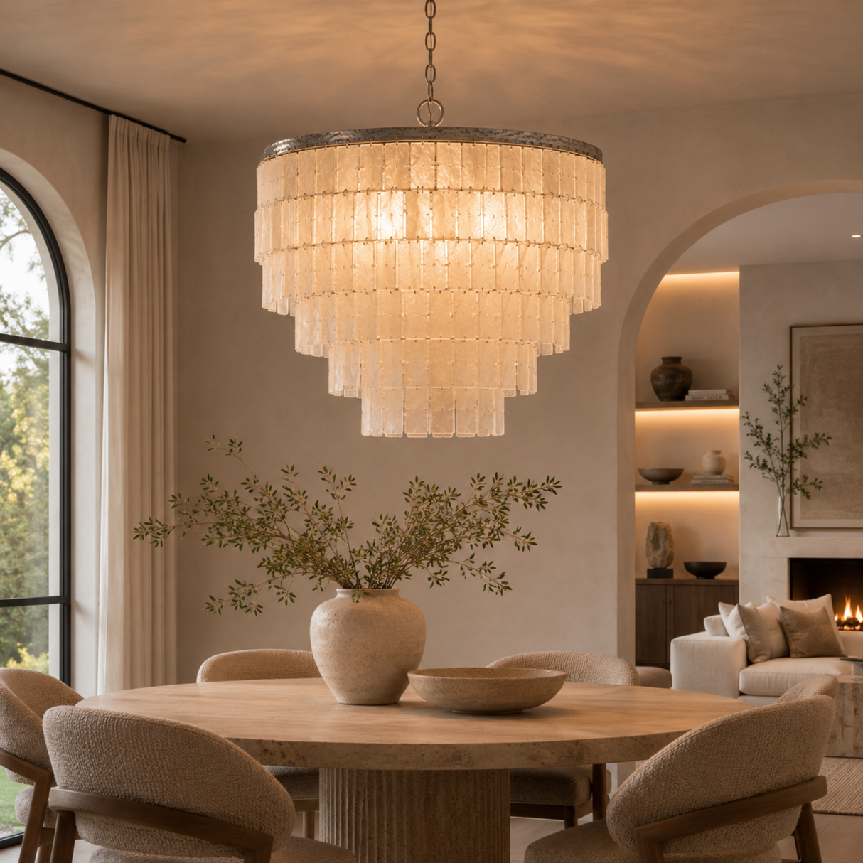 Chandelier hanging above a dining table in a cozy living room.