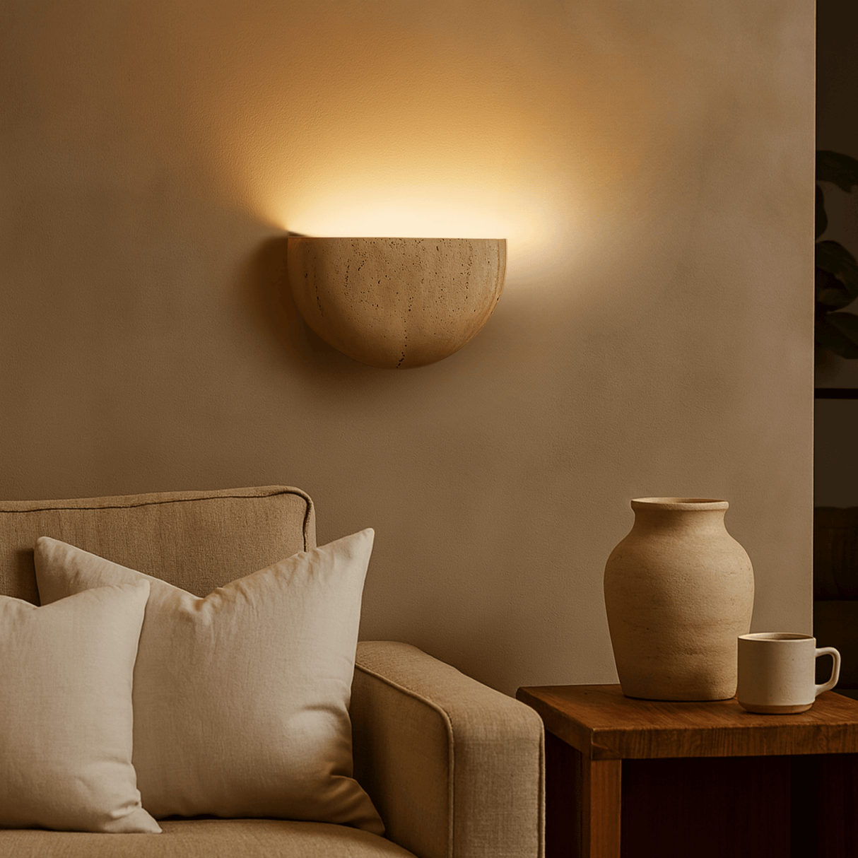 Couch with pillows, wall-mounted light fixture, and vase in a warm-toned room.