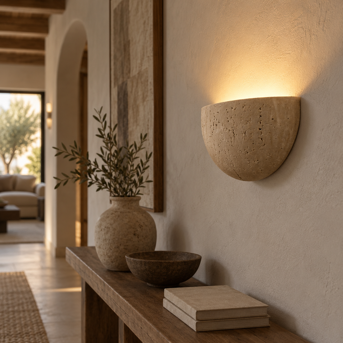 Lumo Travertine Wall Lamp above a console table in a warm neutral interior.
