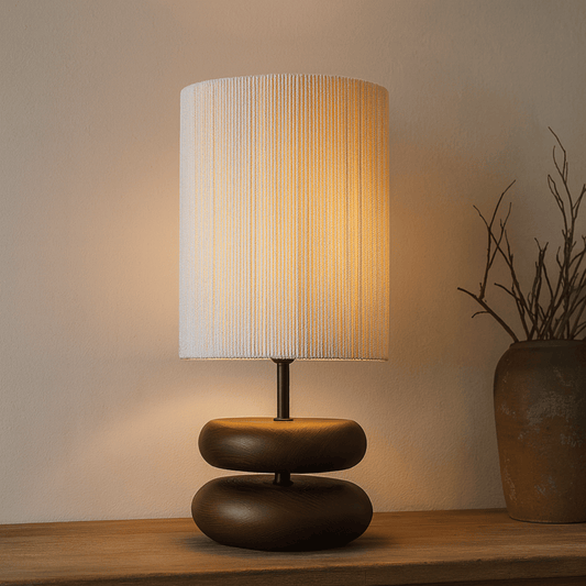 walnut wood base Table lamp on a wooden table 