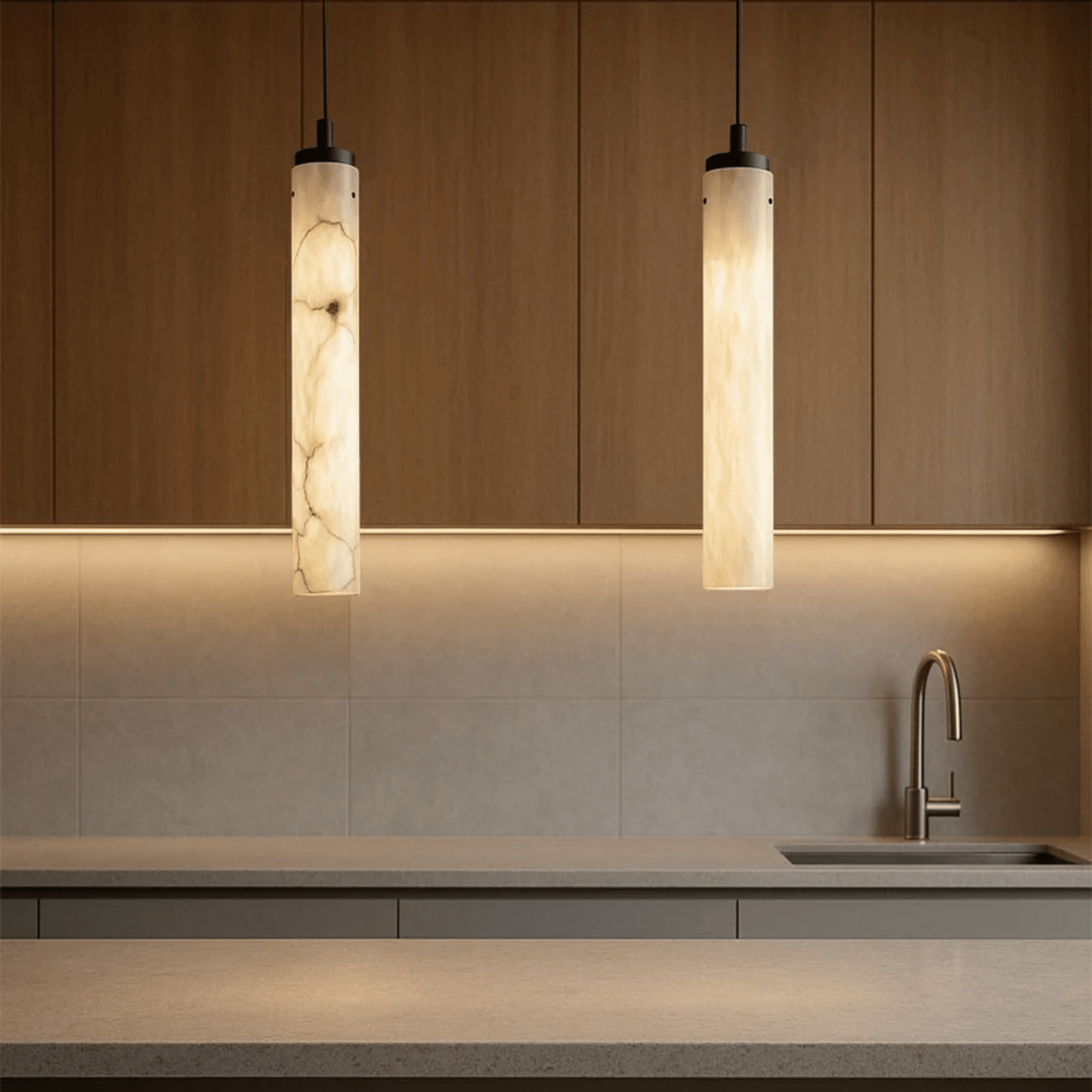 Modern kitchen with pendant lights and a sink.