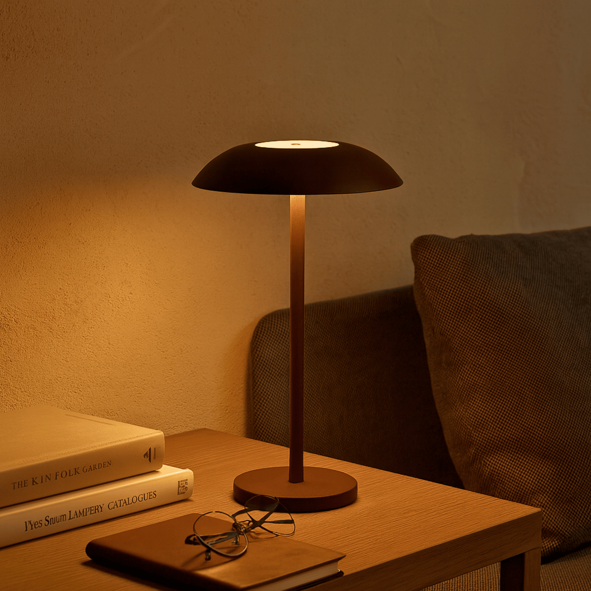 Table lamp on a wooden surface with books and glasses, warm lighting