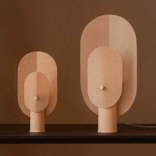 Two decorative wall lights with mesh design on a brown background