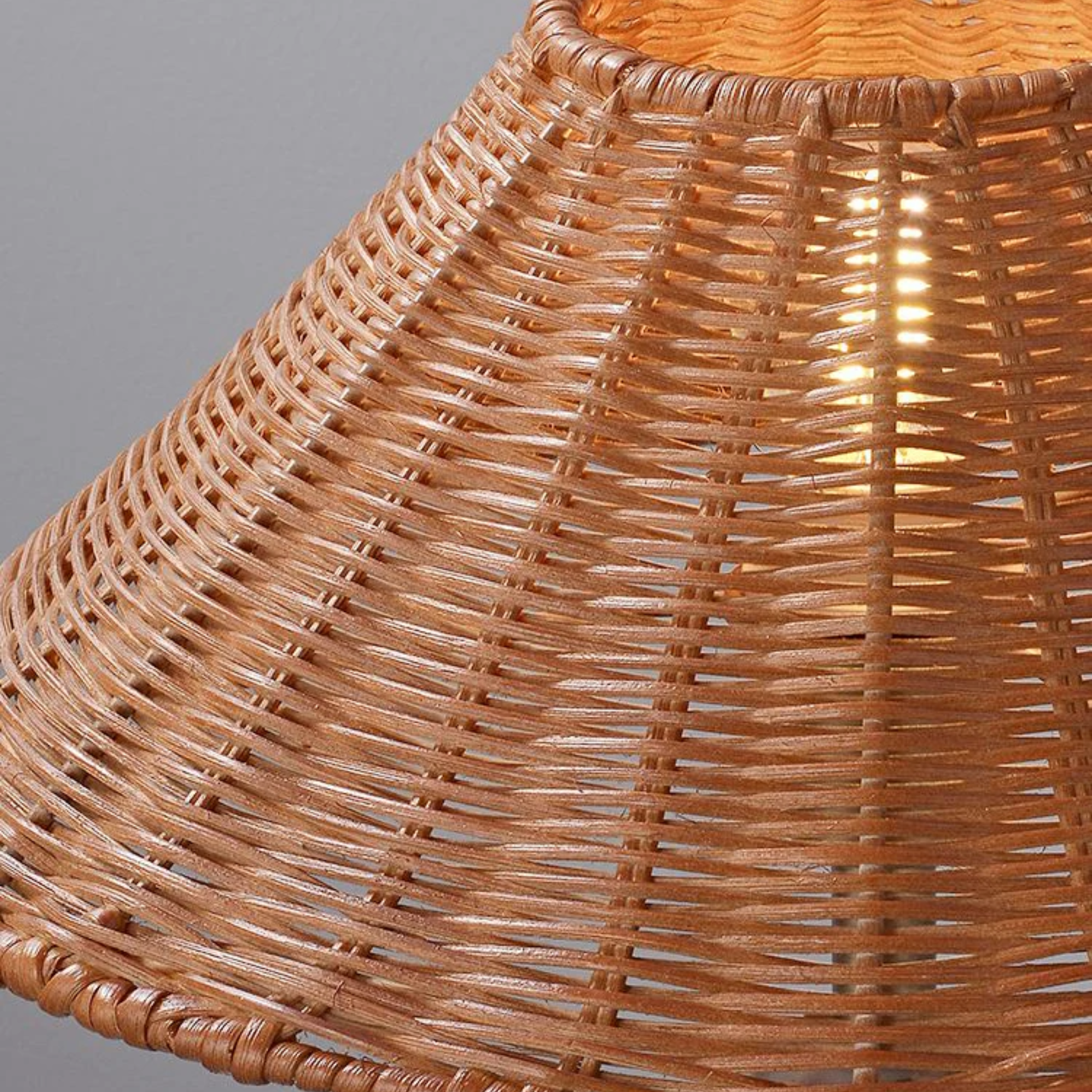 Close-up of a wicker lampshade with a gray background