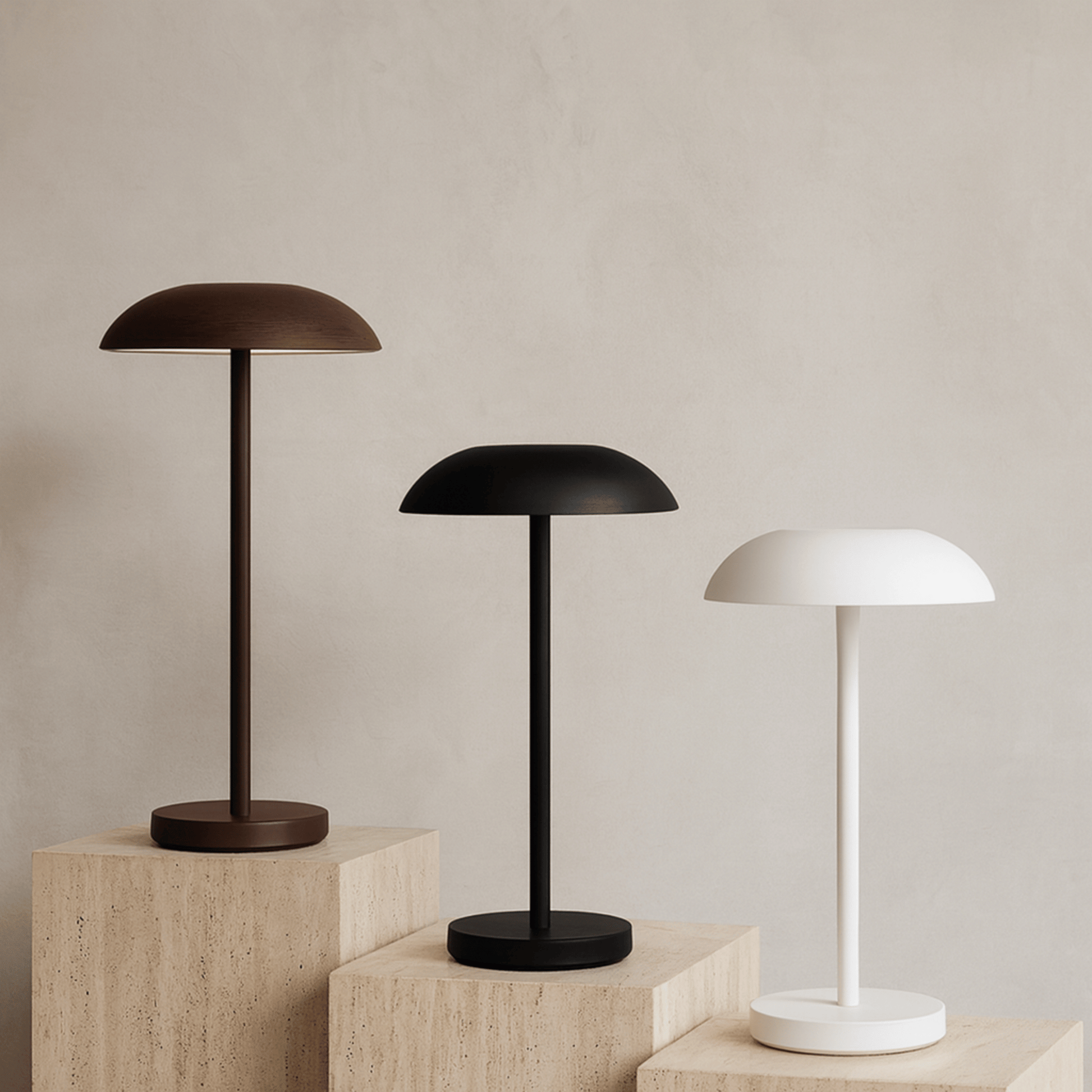 Three table lamps in different colors on a neutral background