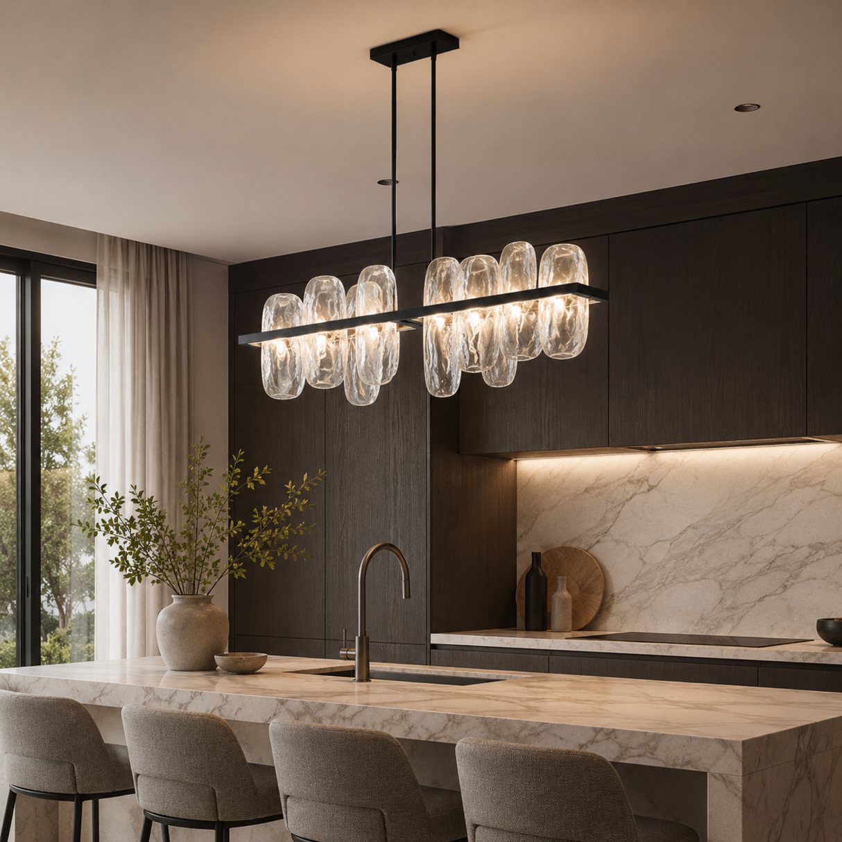 Modern kitchen with a chandelier, marble countertop, and dark cabinets.