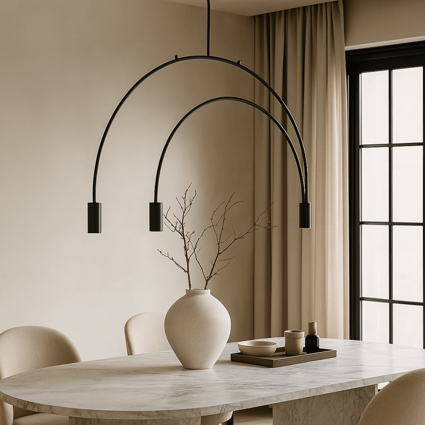 Modern black pendant light over a dining table with decor items.