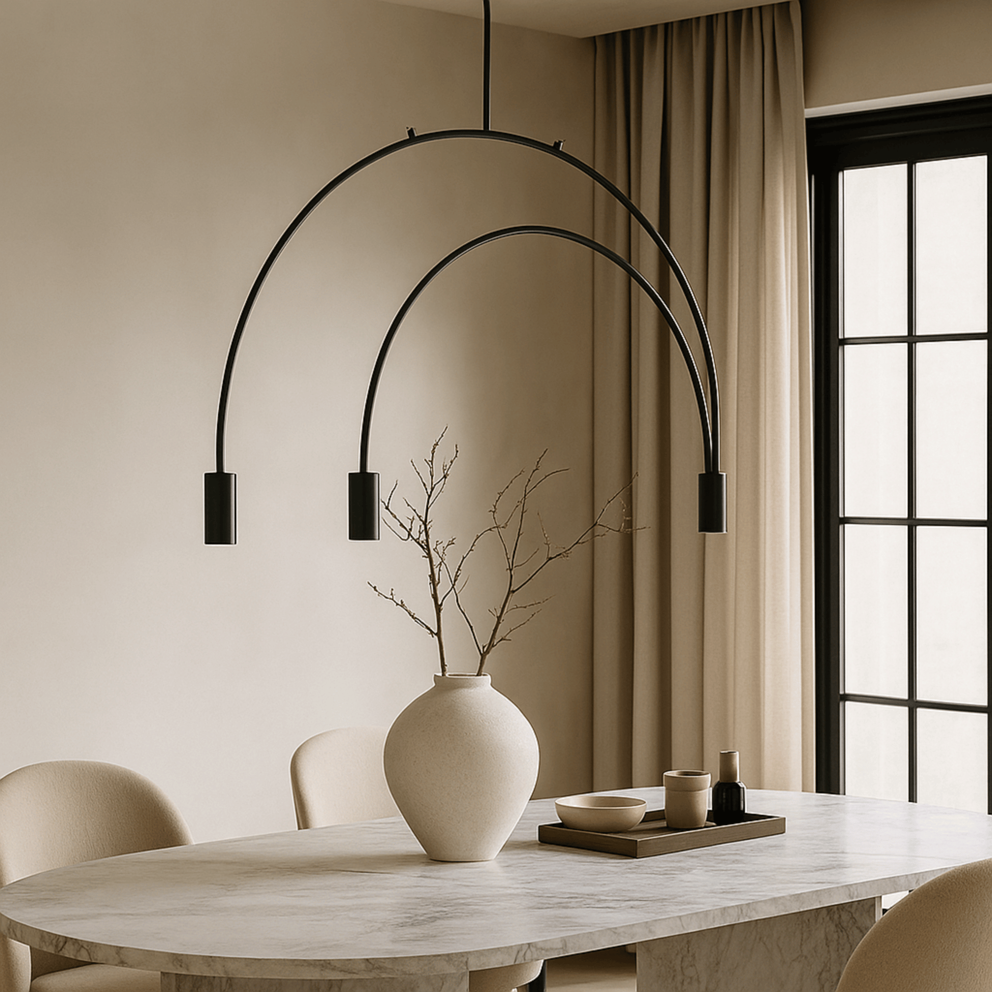 Modern black pendant light over a dining table with decor items.