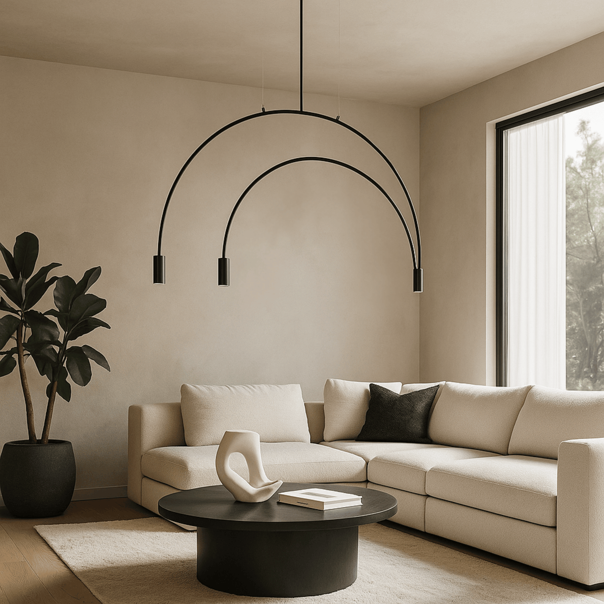 Modern living room with a beige sectional sofa, round black coffee table, and a hanging black light fixture.