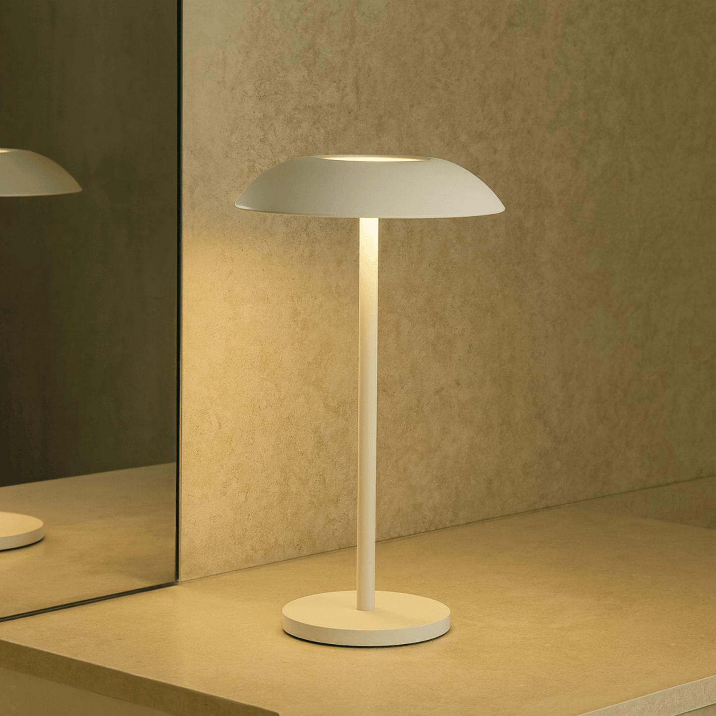 White table lamp on a beige surface with a neutral background