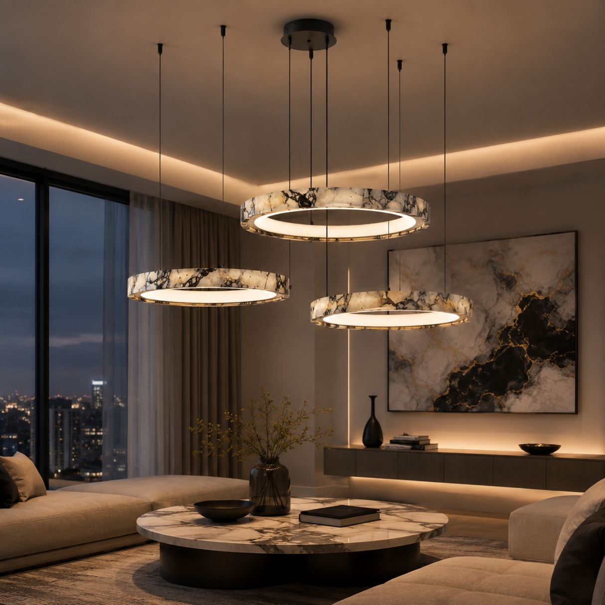 Modern living room with marble pendant lights and cityscape view