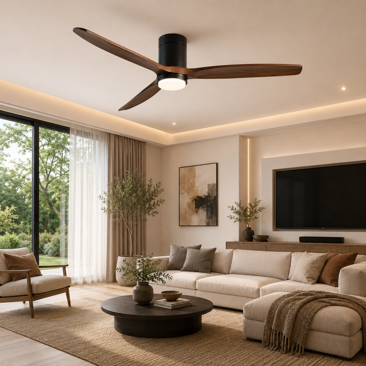 Modern living room with a ceiling fan, sectional sofa, and decorative elements.