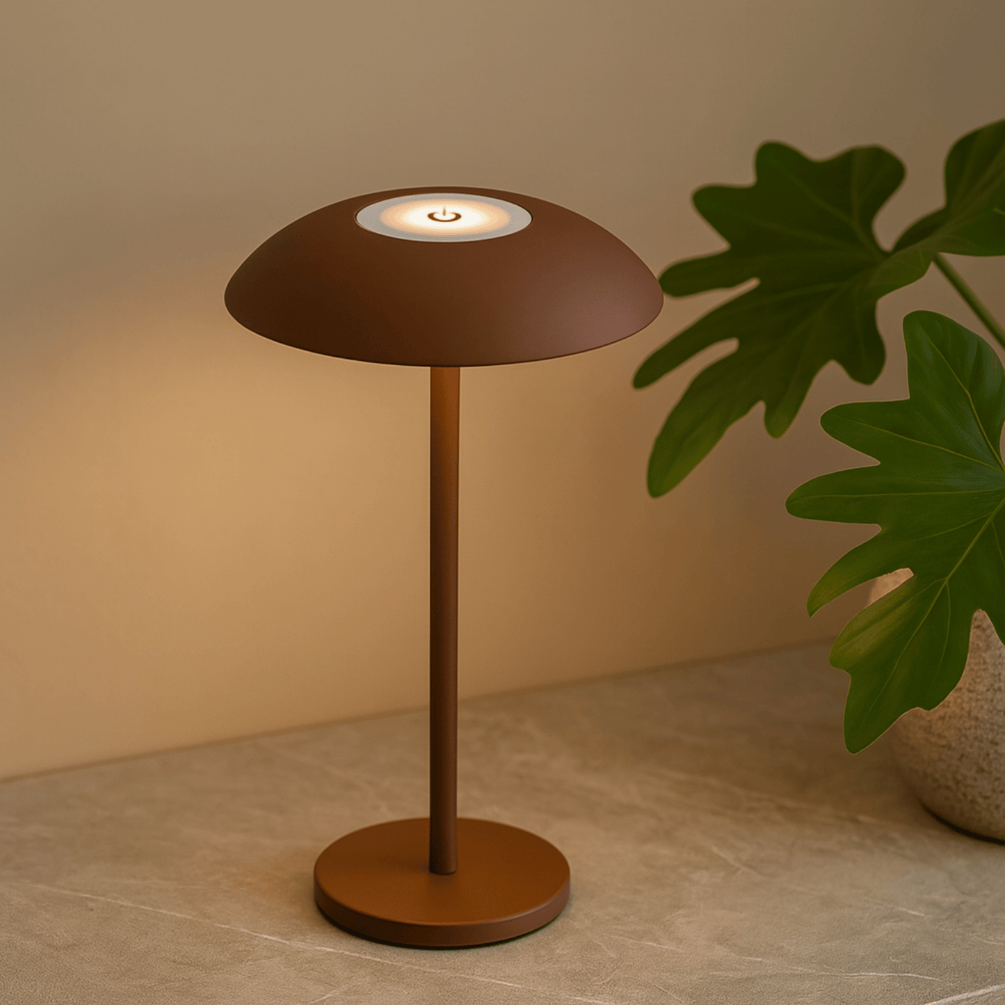 Brown table lamp on a beige surface with a plant in the background