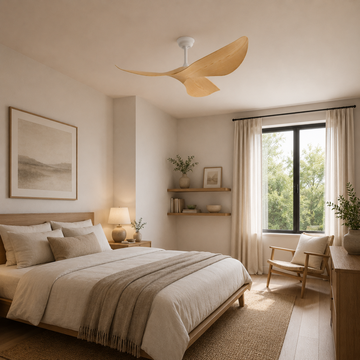 Modern bedroom with a ceiling fan, bed, and window view