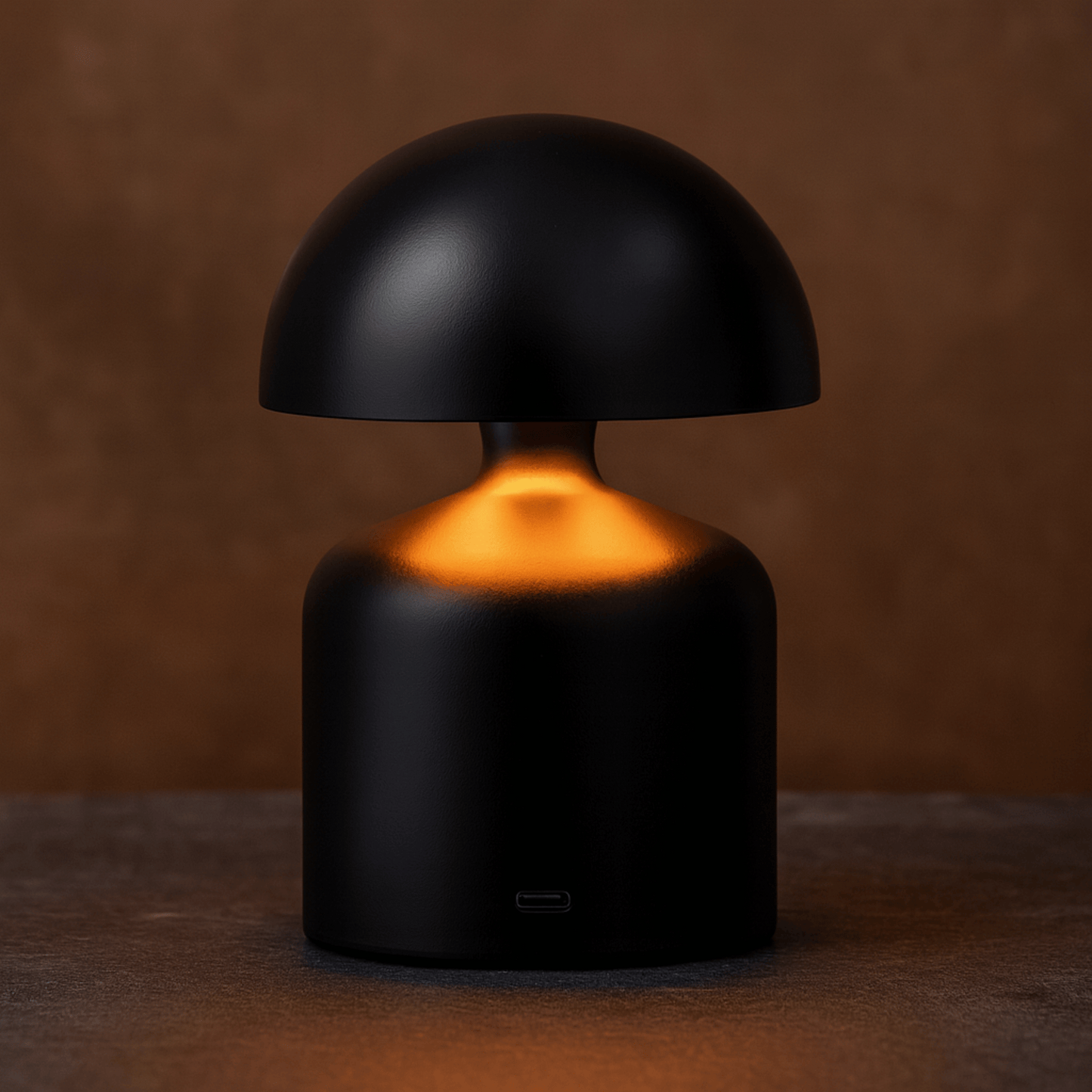 Black mushroom-shaped lamp with a warm glow on a brown background