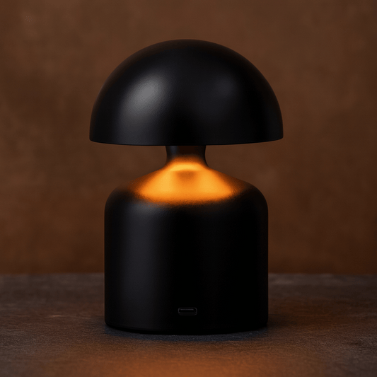 Black mushroom-shaped lamp with a warm glow on a brown background