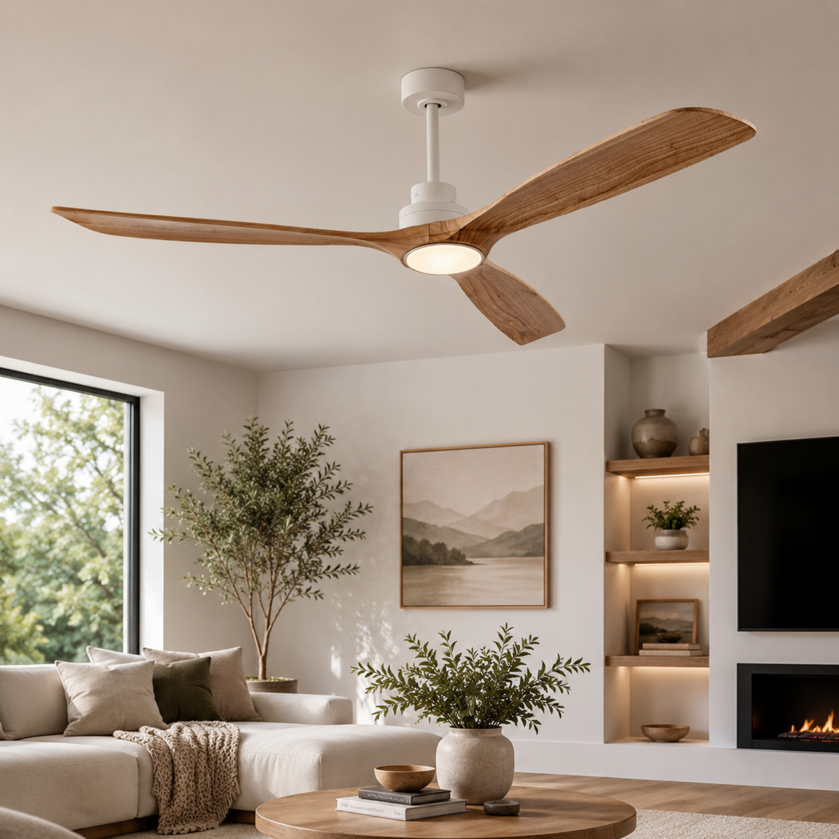 Modern living room with a ceiling fan, sofa, and decorative elements.