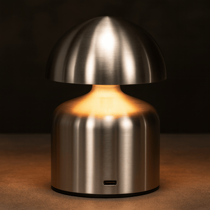 Metallic lamp with a warm glow on a dark background