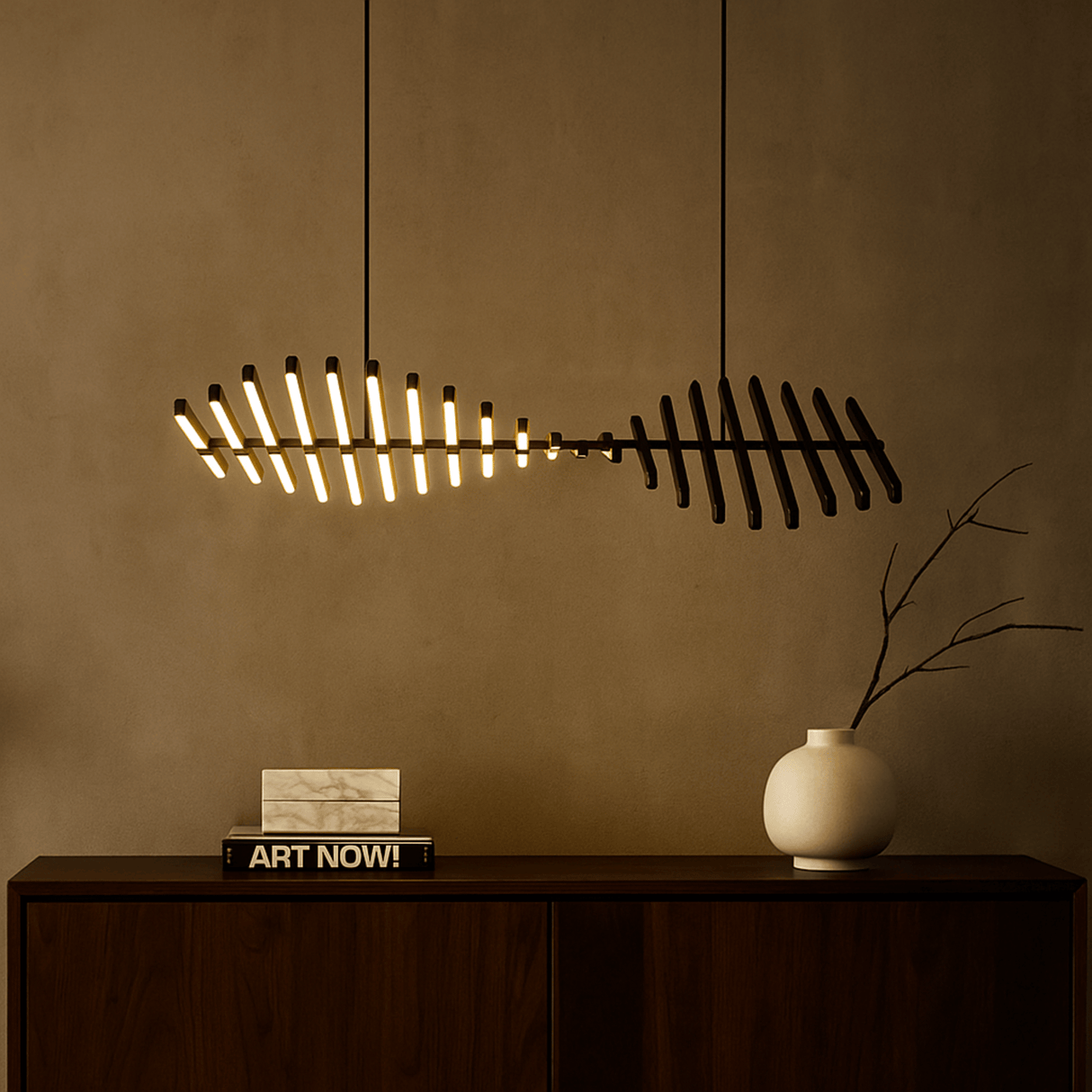Modern pendant light fixture hanging above a wooden cabinet with decorative items.